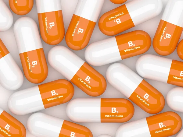3d rendir de las píldoras de vitamina B3 en mesa blanca —  Fotos de Stock