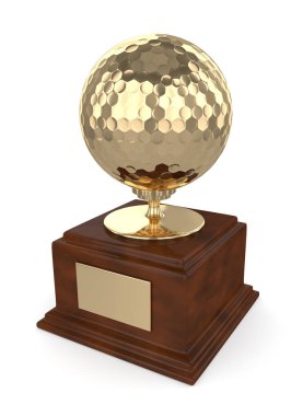 Trophy üzerinde beyaz altın golf topu ile 3D render
