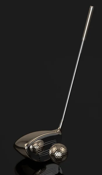 3D візуалізація м'яча для гольфу з гольф-клубом на темному фоні — стокове фото