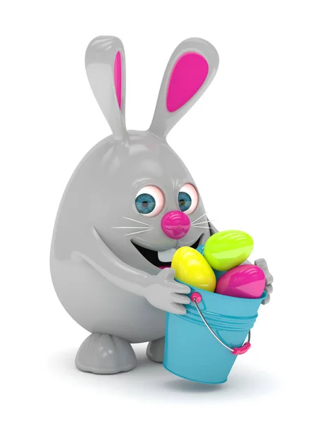 3d representación de conejito de Pascua con huevos y cubo —  Fotos de Stock