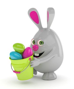 Paskalya tavşanı yumurta ve kova ile 3D render