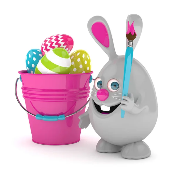 3D renderização de coelho de Páscoa com ovos e balde — Fotografia de Stock