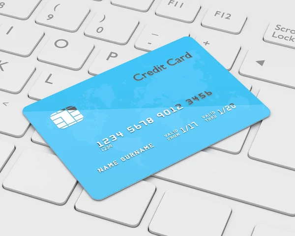 3d render of credit card lying on white keyboard — Stock Photo, Image