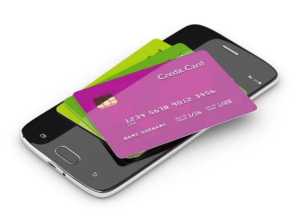 Odwzorowania 3D kart kredytowych, leżącego na telefon komórkowy — Zdjęcie stockowe