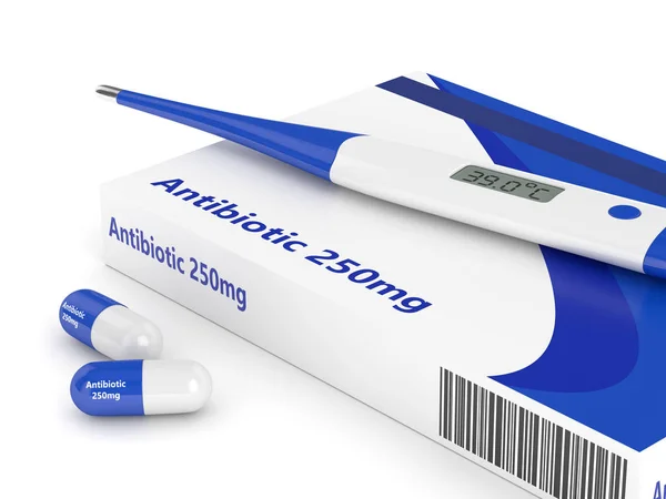3d render of thermometer and antibiotic over white — Stock Photo, Image