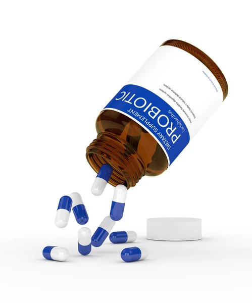 3D-Darstellung von probiotischen Pillen in der Flasche über Weiß — Stockfoto