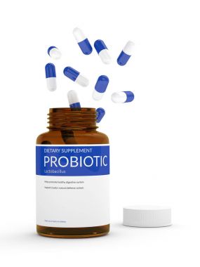 3d render of probiotic pills in bottle over white clipart
