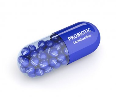 3d render of probiotic pill with granules over white clipart