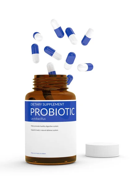 3d render of probiotic pills in bottle over white — Stock Photo, Image