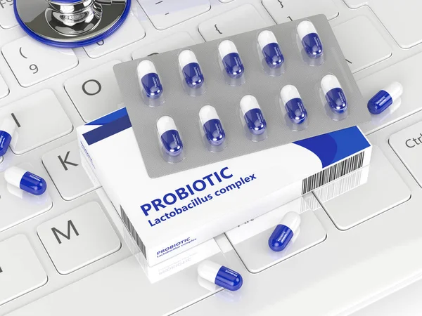 3d renderização de pílulas probióticas com estetoscópio — Fotografia de Stock