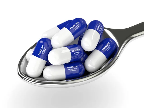 3D καθιστούν προβιοτικά χάπια σε κουτάλι πάνω από λευκό — Φωτογραφία Αρχείου