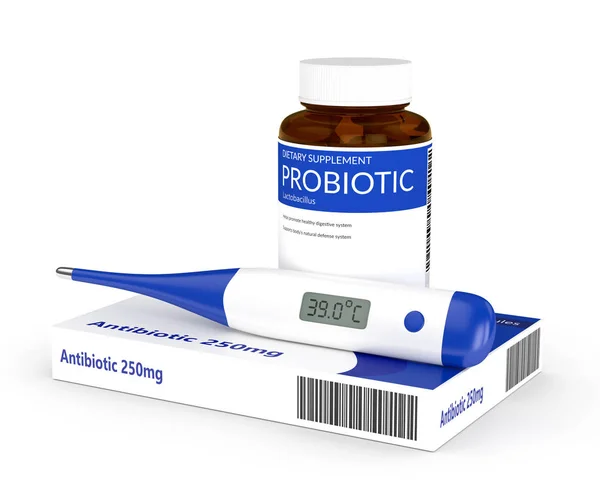 3d render antibiotik dan probiotik pil dengan termometer — Stok Foto