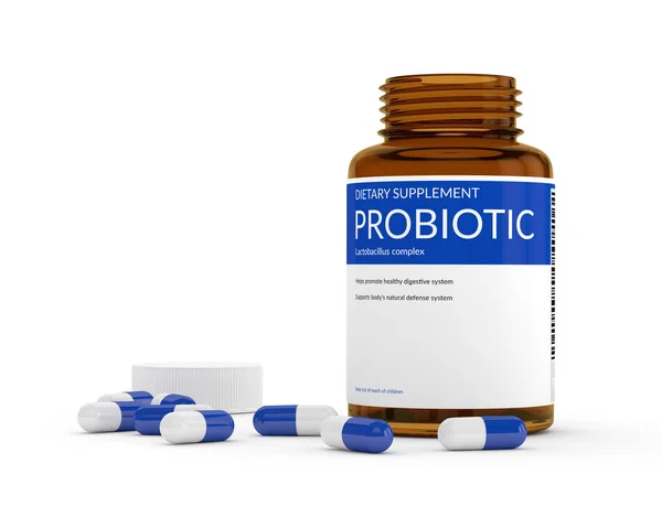 3d renderização de pílulas probióticas em garrafa — Fotografia de Stock