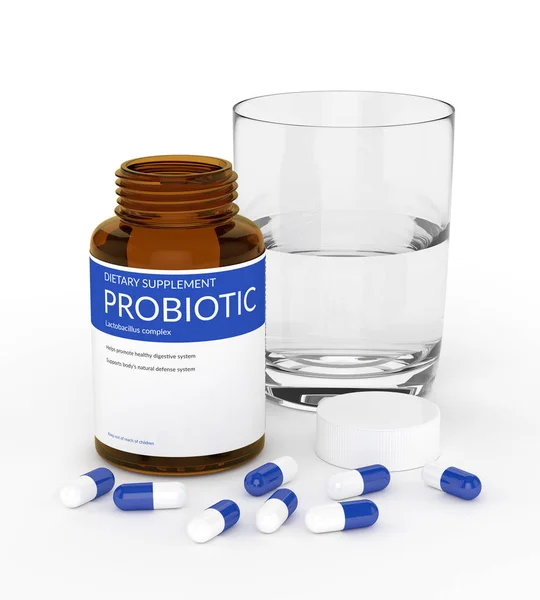 3d renderização de pílulas probióticas em garrafa com vidro de água — Fotografia de Stock
