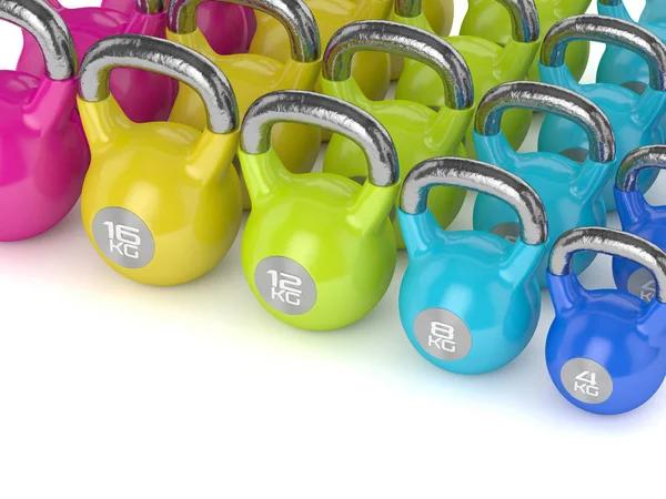 3d render of kettlebells in row over white — Stock Photo, Image