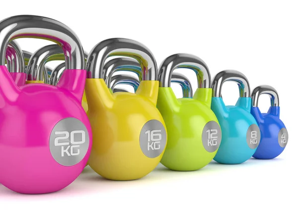 3d renderizado de kettlebells en fila sobre blanco — Foto de Stock