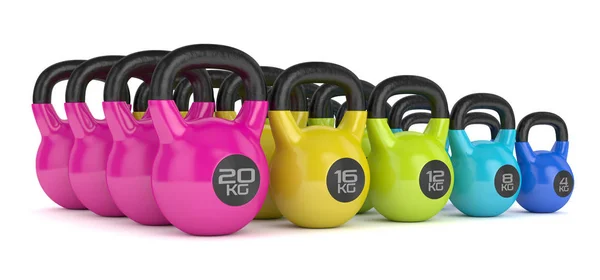 Rendering 3d di kettlebells in fila su bianco — Foto Stock