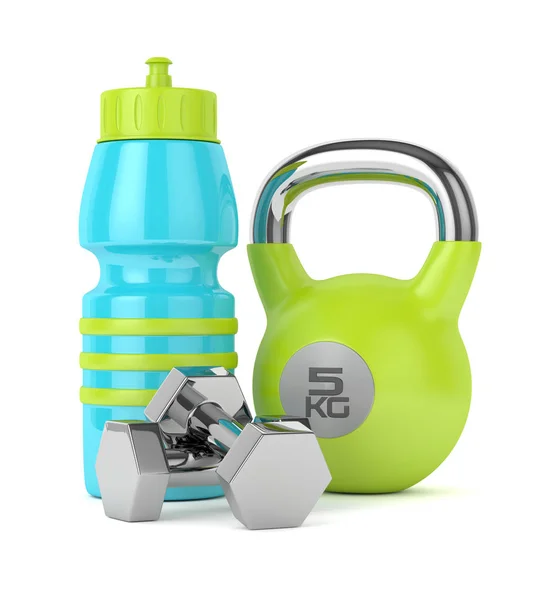 3d render of kettlebell, sport bottle and dumbbells — Stock Photo, Image