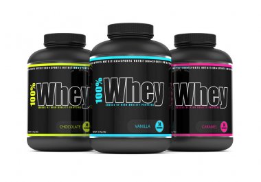 peynir altı suyu protein üzerinde beyaz kaplarda 3D render