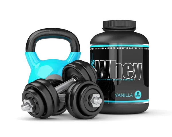 3d render dari whey protein dengan dumbbells dan kettlebells — Stok Foto