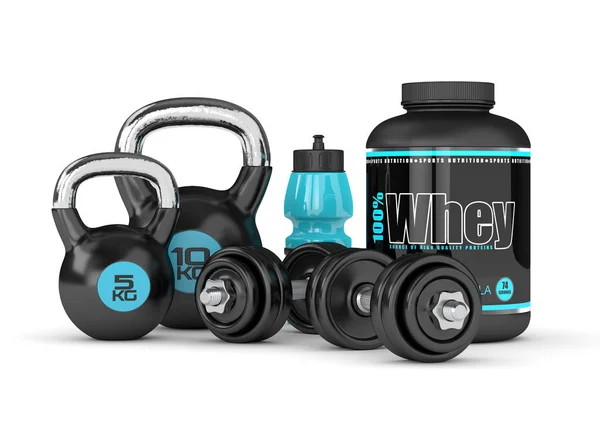 3d render dari whey protein dengan dumbbells, kettlebells dan bottl — Stok Foto