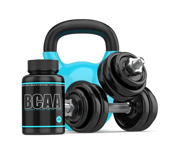 3d render of BCAA bottle with dumbbells and kettlebell — Stock Photo, Image