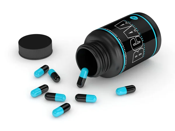 3d render of BCAA bottle with pills over white — Stock Photo, Image