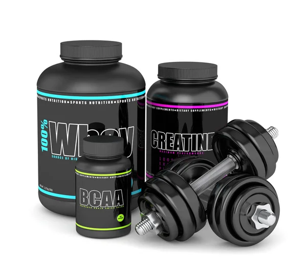 3d render of BCAA, whey and creatine bottles with dumbbells — Stock Photo, Image