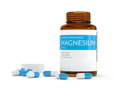 Magnezyum hapları üzerinde beyaz şişe 3D render 