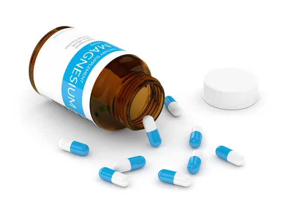 3d render of magnesium pills in bottle over white — Stock Photo, Image