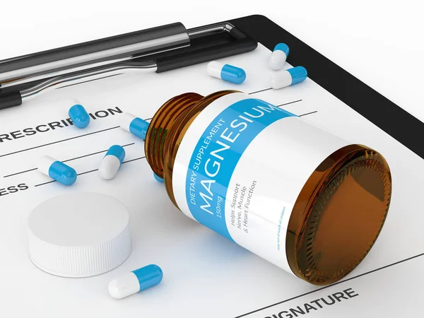 3d render of magnesium pills in bottle with prescription — Stock Photo, Image