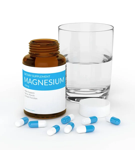 3d render de píldoras de magnesio en botella con agua —  Fotos de Stock