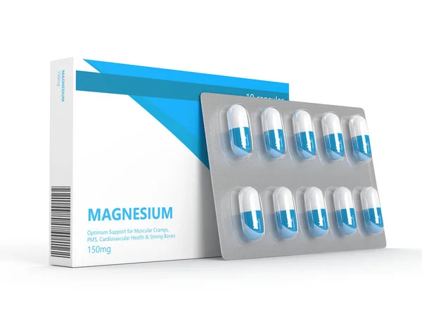 3d tehdä magnesium pillereitä läpipainopakkauksessa yli valkoinen — kuvapankkivalokuva