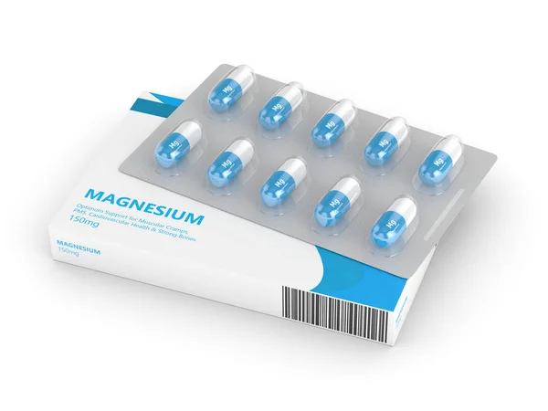 3D-Darstellung von Magnesium-Pillen auf Blister über Weiß — Stockfoto
