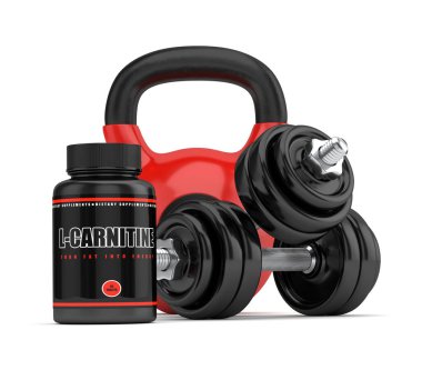 l-karnitin şişeyle dumbell ve kettlebell 3D render