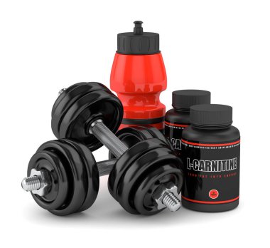 l-karnitin dumbell ve su şişesi ile 3D render