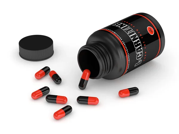 3D render of l-carnitine bottle with pills over white — Stock Photo, Image