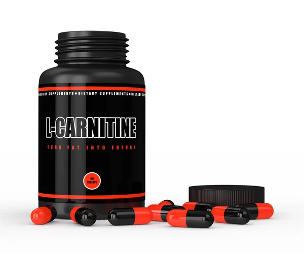 3D render of l-carnitine bottle with pills over white — Stock Photo, Image