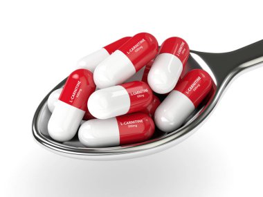 3D render of spoon with l-carnitine pills over white clipart