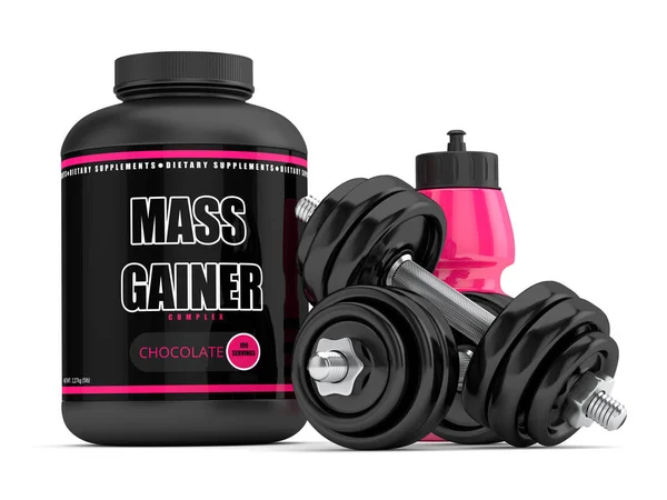 3d render of mass gainer with dumbbells — Stock Photo, Image