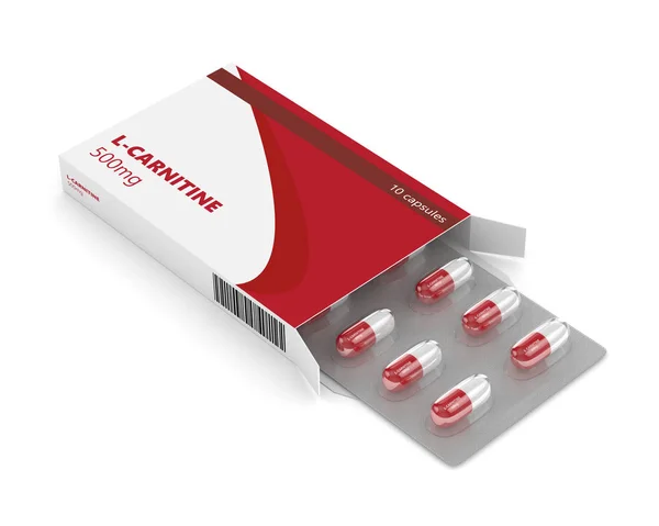 3D render of l-carnitine blister with pills over white — Stock Photo, Image