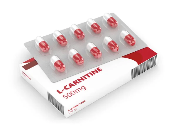Rendimiento 3D de la ampolla de l-carnitina con pastillas sobre blanco — Foto de Stock