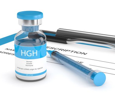 3d render of HGH vial with syringe on clipboard clipart