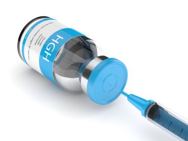 3d render of HGH vial with syringe over white clipart