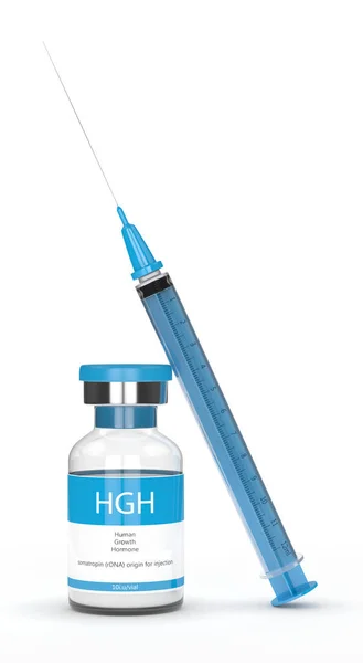 3d render of HGH via with syringe over white — Stock Photo, Image