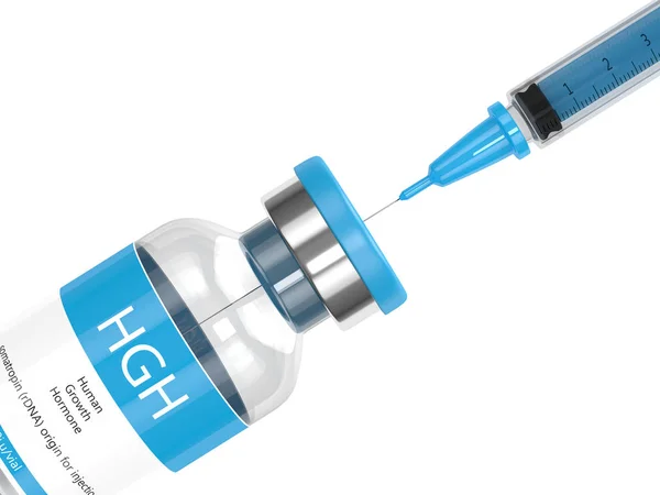 3d render of HGH vial with syringe over white — Stock Photo, Image