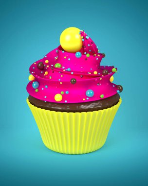 Mavi üzerinde sprinkles ile 3D tatlı kek
