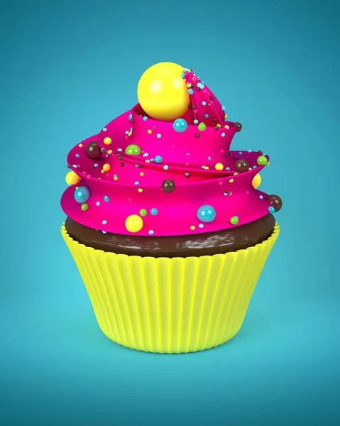 3d sweet cupcake with sprinkles over blue — Stock Photo, Image