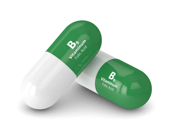 3D-Darstellung von b9-Folsäure-Pillen über Weiß — Stockfoto