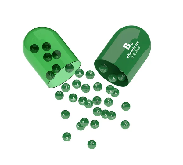 3D καθιστούν Β9 φολικό οξύ χάπι με κόκκους — Φωτογραφία Αρχείου